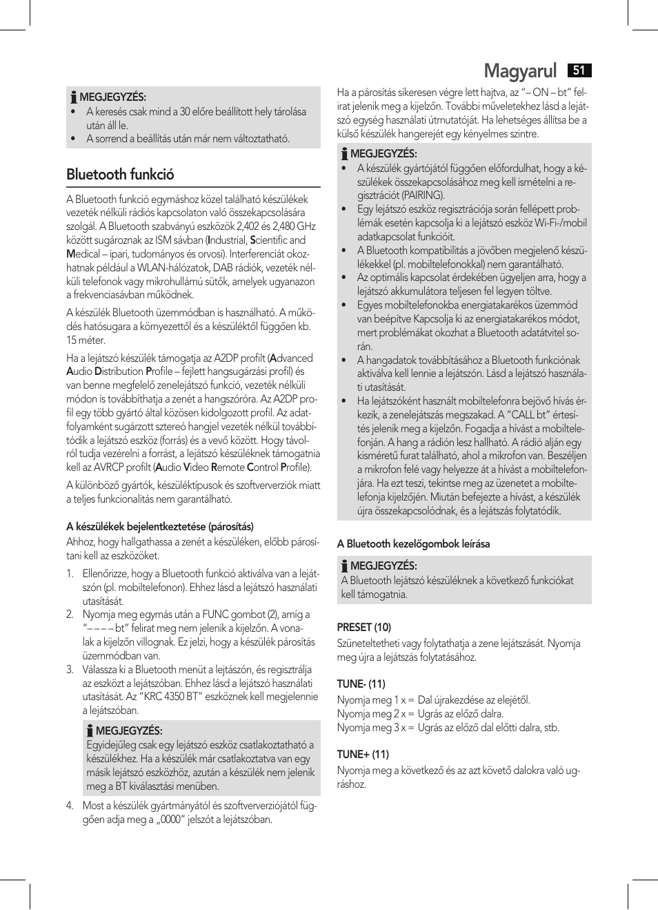 Magyarul, Bluetooth funkció | AEG KRC 4350 BT User Manual | Page 51 / 70