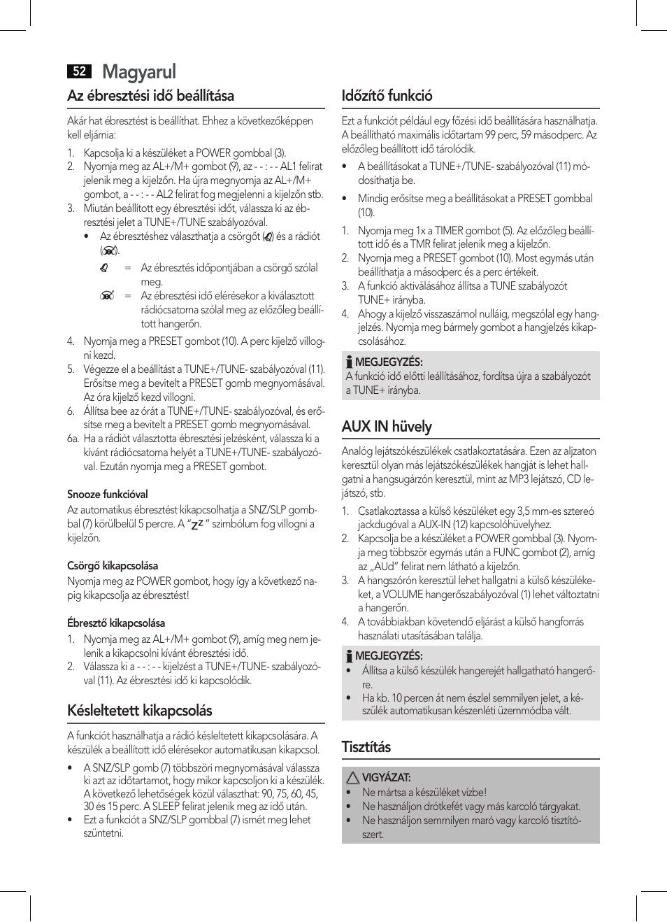 Magyarul, Az ébresztési idő beállítása, Késleltetett kikapcsolás | Időzítő funkció, Aux in hüvely, Tisztítás | AEG KRC 4350 BT User Manual | Page 52 / 70