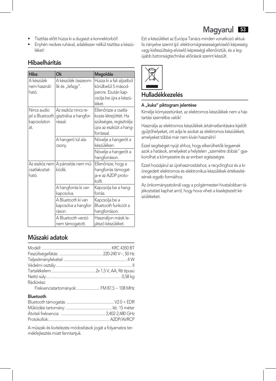 Magyarul, Hibaelhárítás, Műszaki adatok | Hulladékkezelés | AEG KRC 4350 BT User Manual | Page 53 / 70