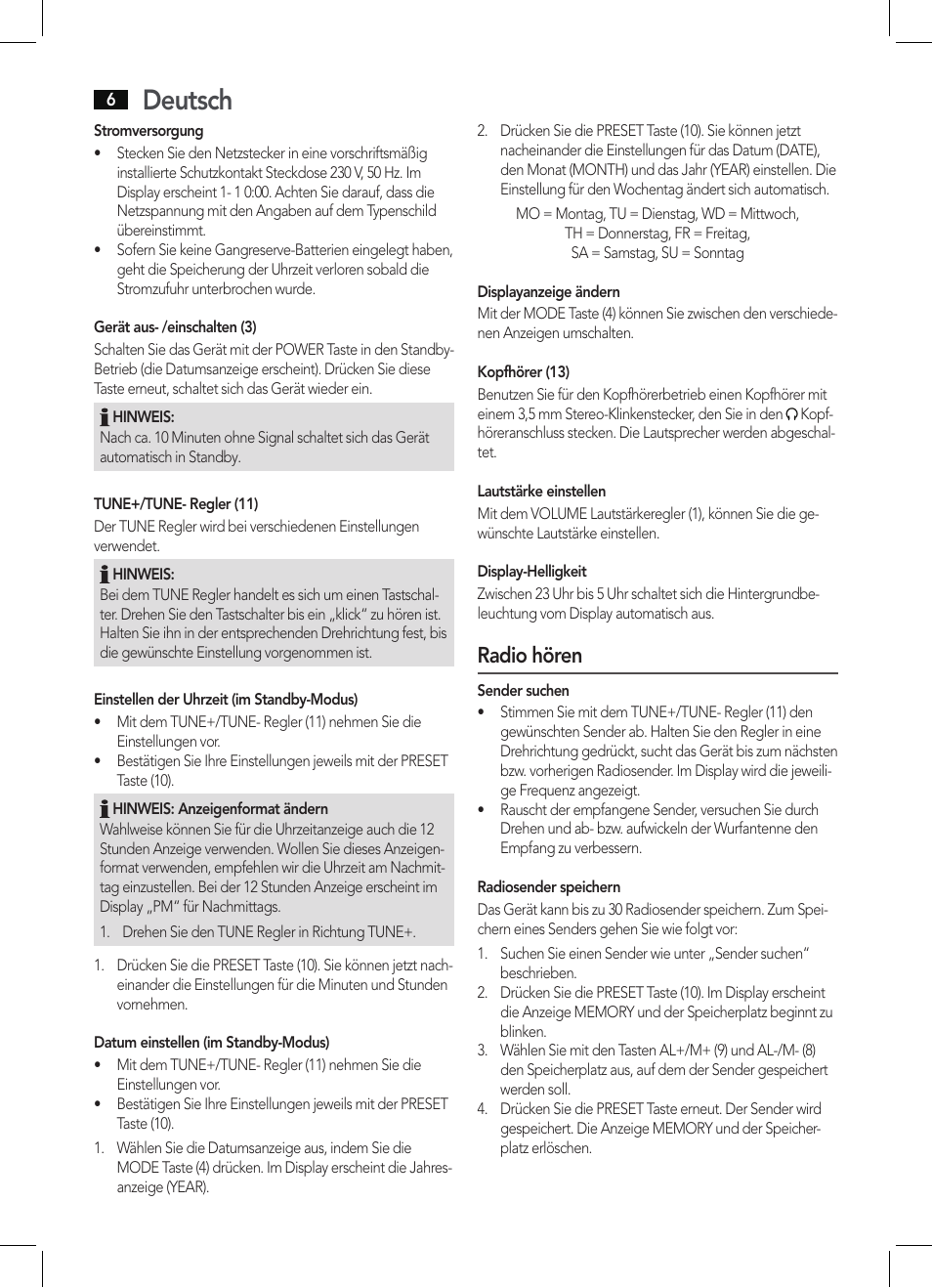Deutsch, Radio hören | AEG KRC 4350 BT User Manual | Page 6 / 70