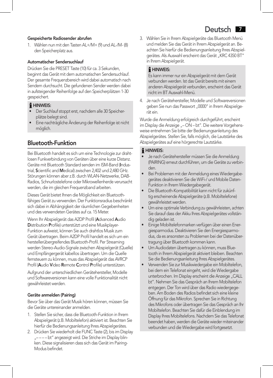 Deutsch, Bluetooth-funktion | AEG KRC 4350 BT User Manual | Page 7 / 70