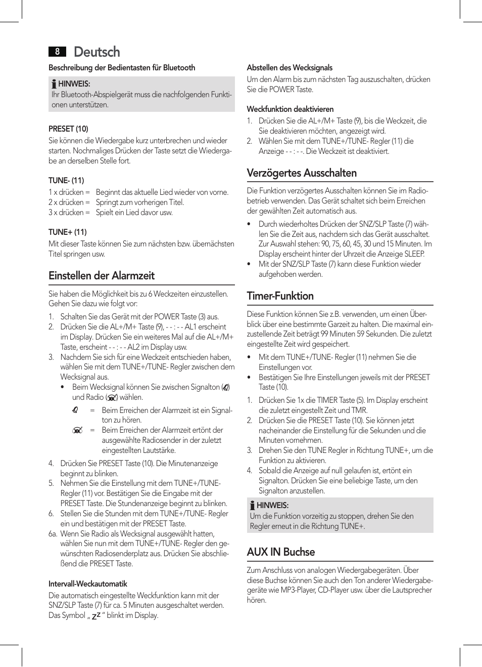 Deutsch, Einstellen der alarmzeit, Verzögertes ausschalten | Timer-funktion, Aux in buchse | AEG KRC 4350 BT User Manual | Page 8 / 70