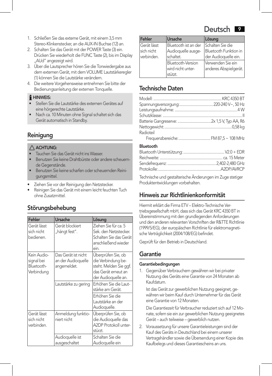 Deutsch, Reinigung, Störungsbehebung | Technische daten, Hinweis zur richtlinienkonformität, Garantie | AEG KRC 4350 BT User Manual | Page 9 / 70