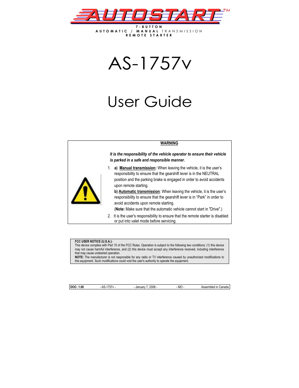 Autostart AS-1757v User Manual | 13 pages