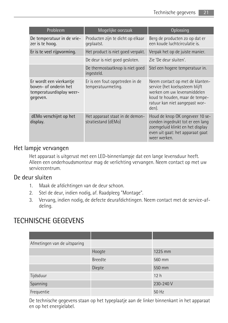 Technische gegevens, Het lampje vervangen, De deur sluiten | AEG SKZ81200F0 User Manual | Page 21 / 100