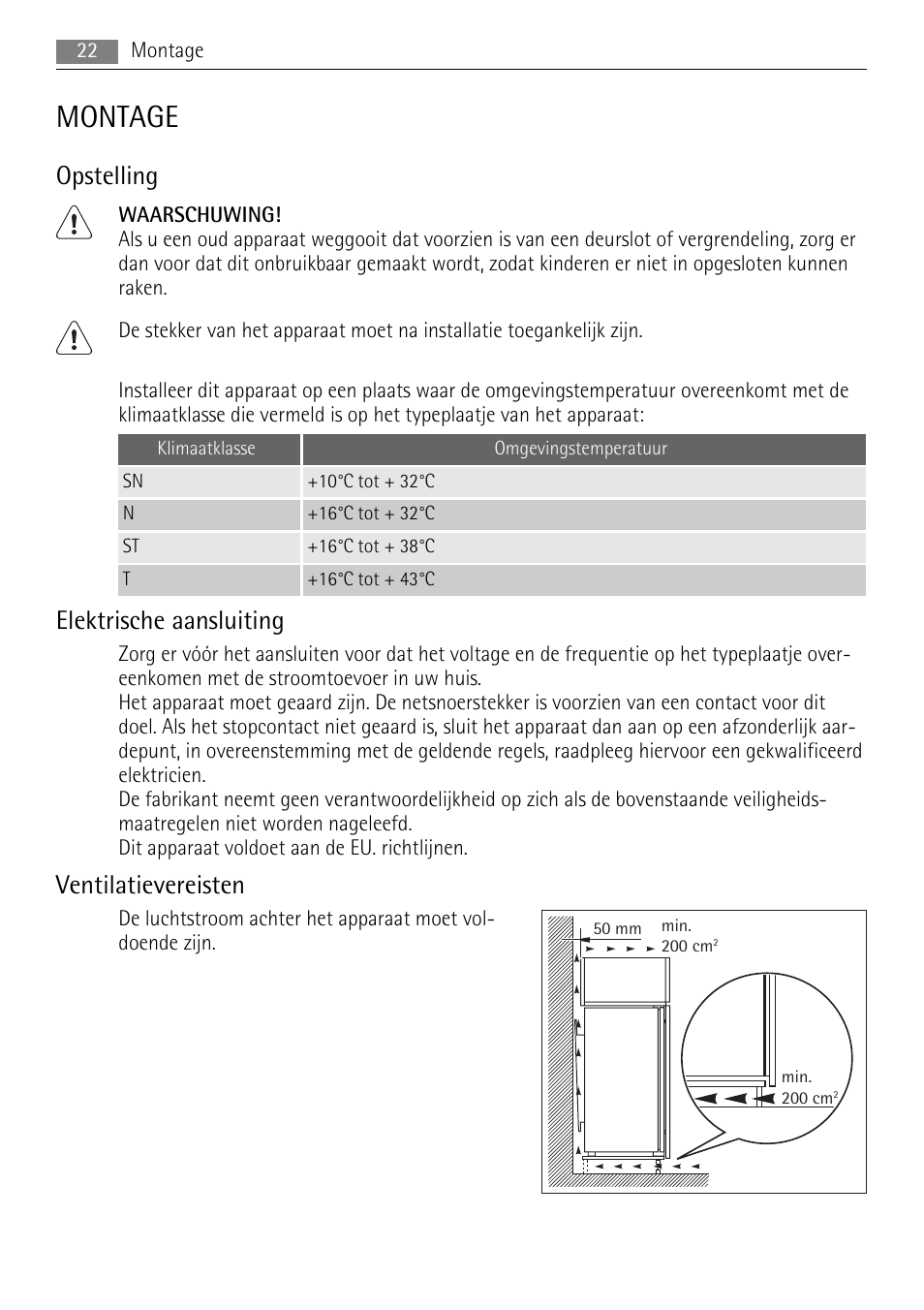 Montage, Opstelling, Elektrische aansluiting | Ventilatievereisten | AEG SKZ81200F0 User Manual | Page 22 / 100