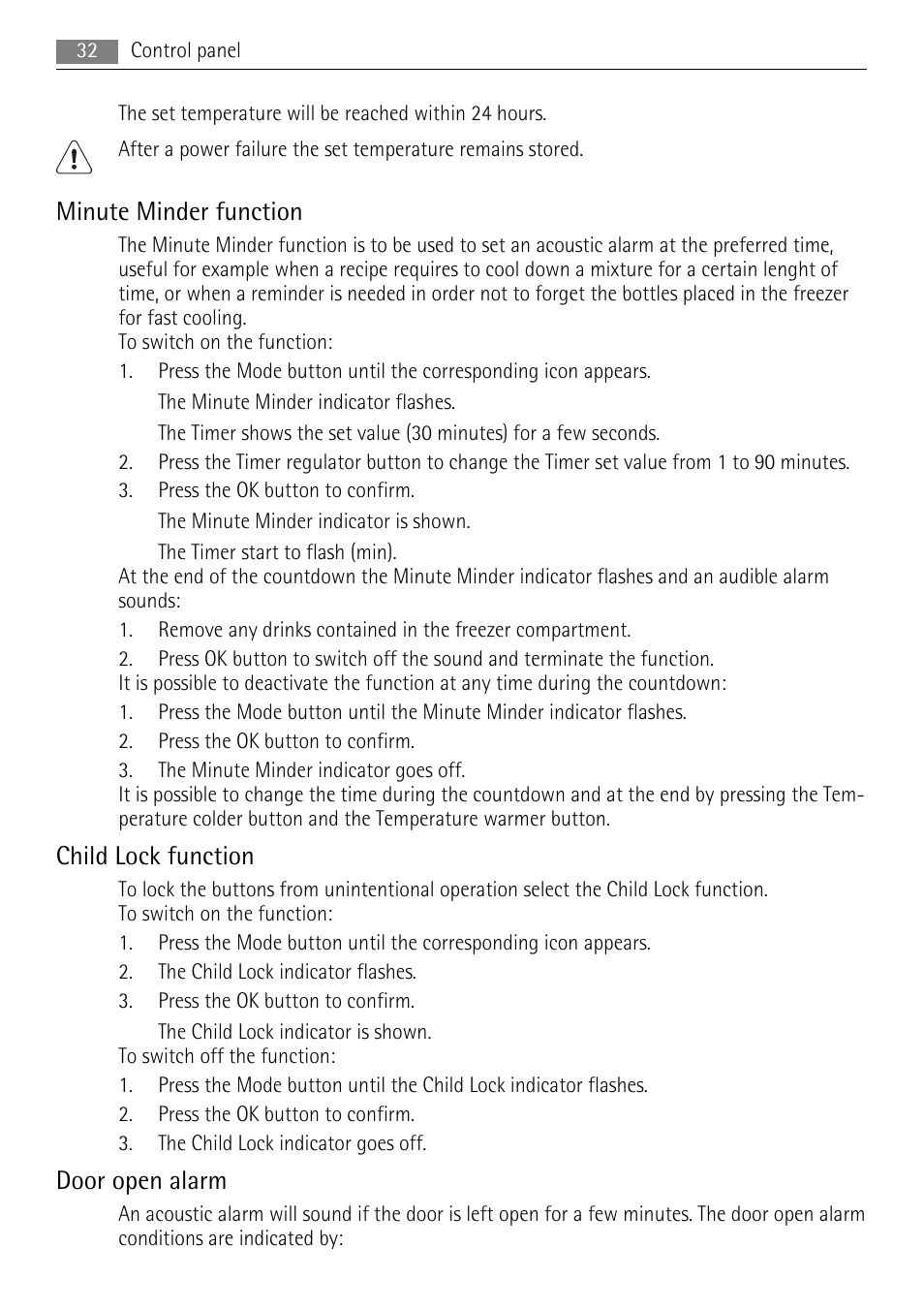Minute minder function, Child lock function, Door open alarm | AEG SKZ81200F0 User Manual | Page 32 / 100