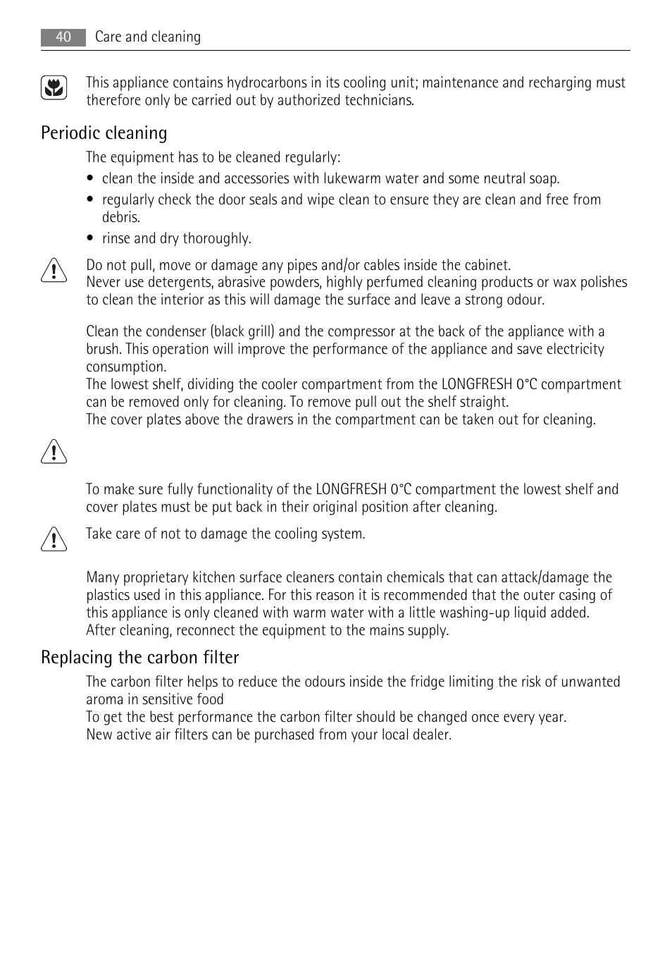 Periodic cleaning, Replacing the carbon filter | AEG SKZ81200F0 User Manual | Page 40 / 100