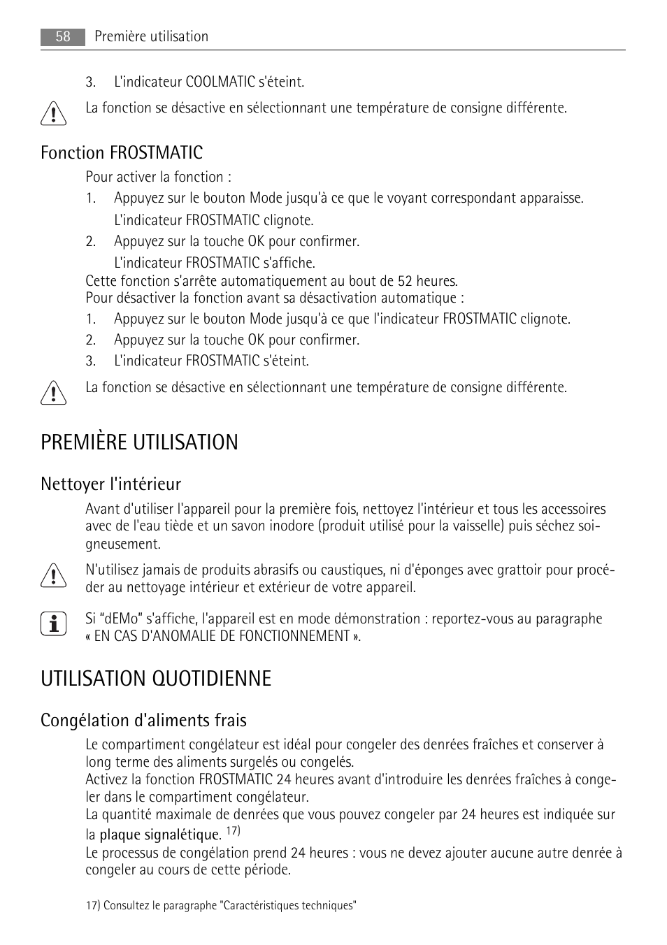 Première utilisation, Utilisation quotidienne, Fonction frostmatic | Nettoyer l'intérieur, Congélation d'aliments frais | AEG SKZ81200F0 User Manual | Page 58 / 100