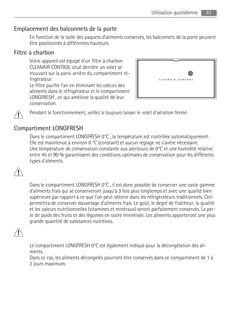 Emplacement des balconnets de la porte, Filtre à charbon, Compartiment longfresh | AEG SKZ81200F0 User Manual | Page 61 / 100
