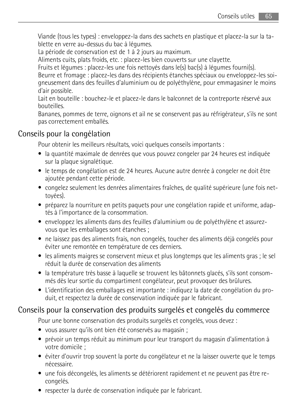 Conseils pour la congélation | AEG SKZ81200F0 User Manual | Page 65 / 100