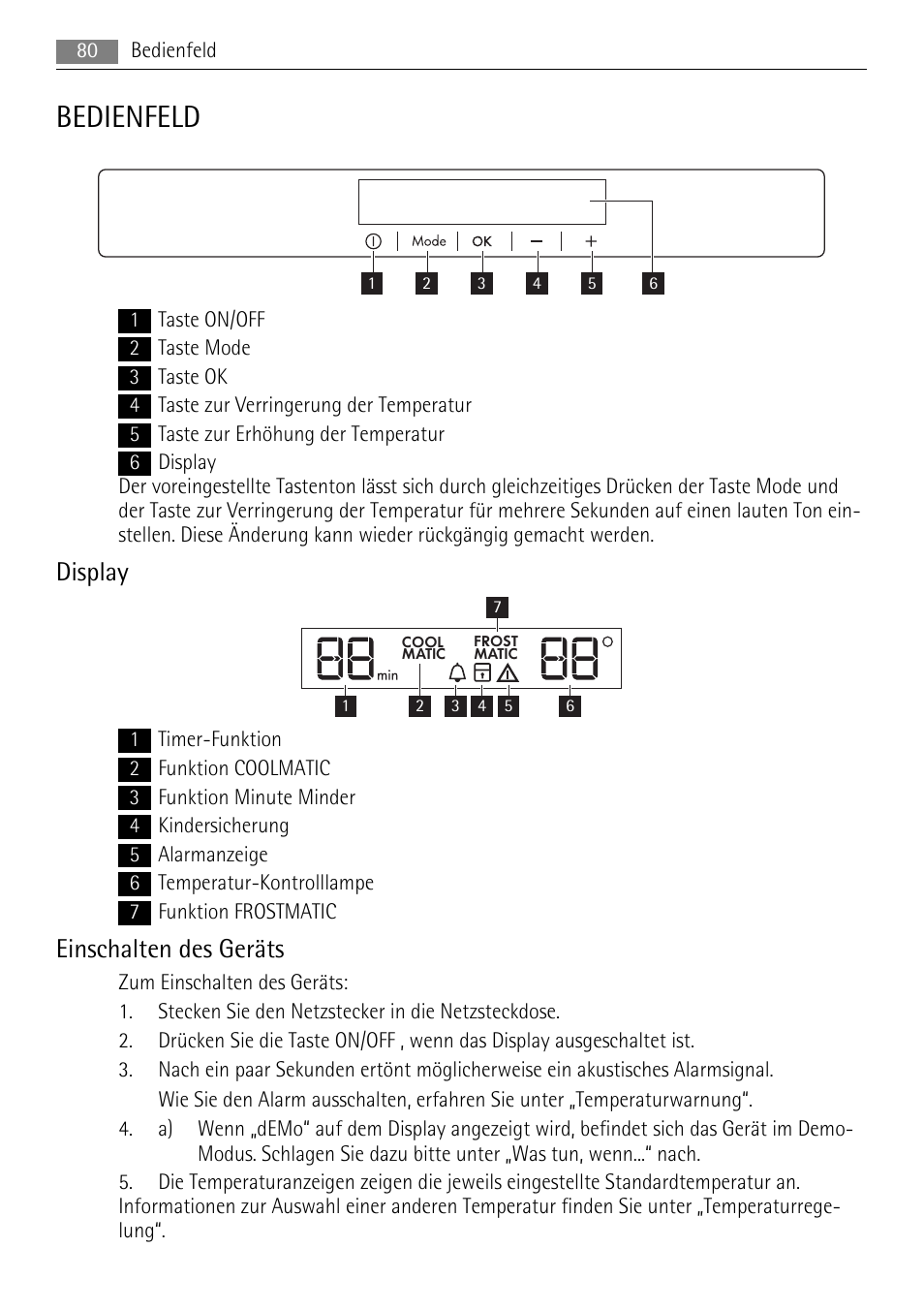 Bedienfeld, Display, Einschalten des geräts | AEG SKZ81200F0 User Manual | Page 80 / 100