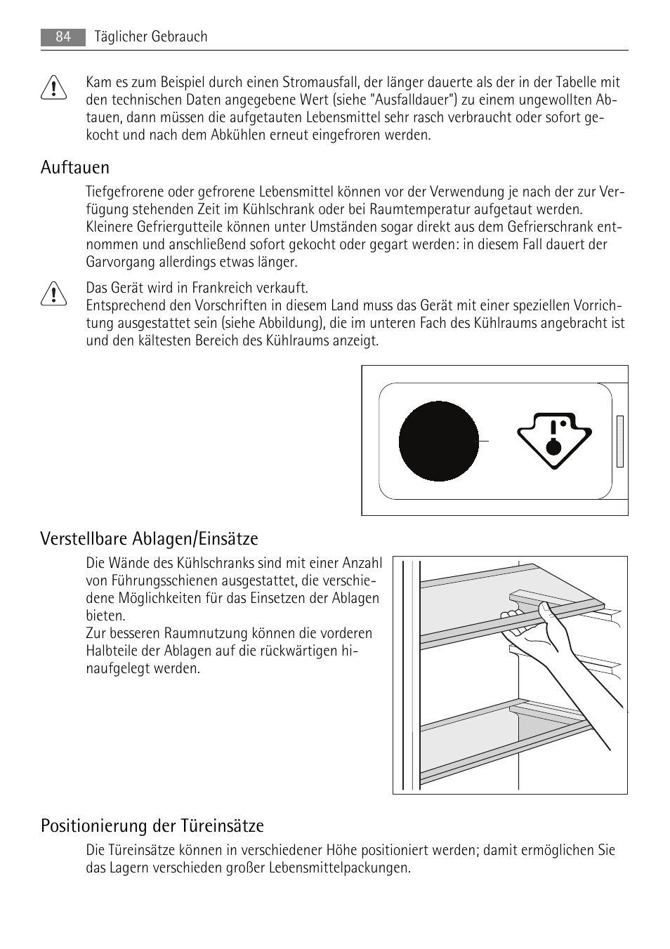 Auftauen, Verstellbare ablagen/einsätze, Positionierung der türeinsätze | AEG SKZ81200F0 User Manual | Page 84 / 100