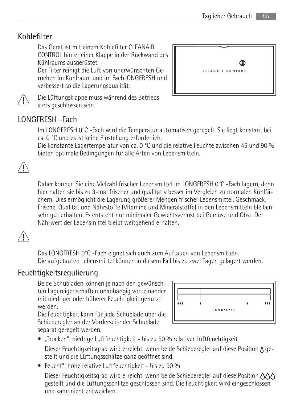 Kohlefilter, Longfresh -fach, Feuchtigkeitsregulierung | AEG SKZ81200F0 User Manual | Page 85 / 100