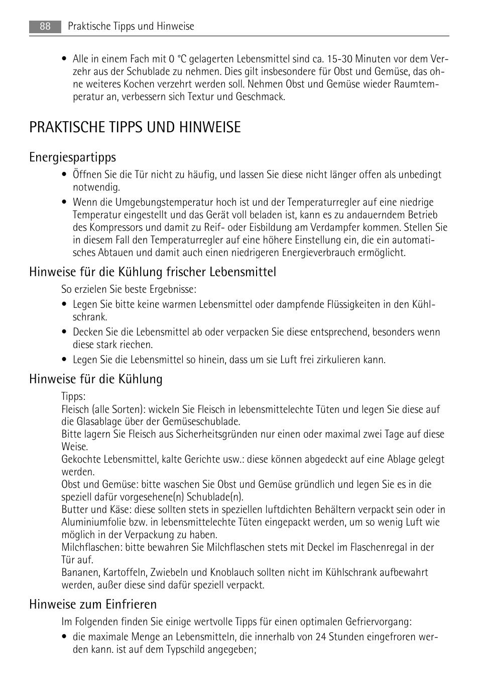 Praktische tipps und hinweise, Energiespartipps, Hinweise für die kühlung frischer lebensmittel | Hinweise für die kühlung, Hinweise zum einfrieren | AEG SKZ81200F0 User Manual | Page 88 / 100