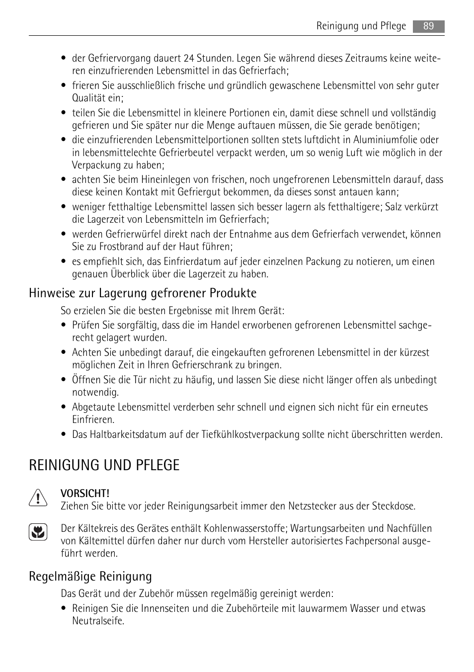 Reinigung und pflege, Hinweise zur lagerung gefrorener produkte, Regelmäßige reinigung | AEG SKZ81200F0 User Manual | Page 89 / 100