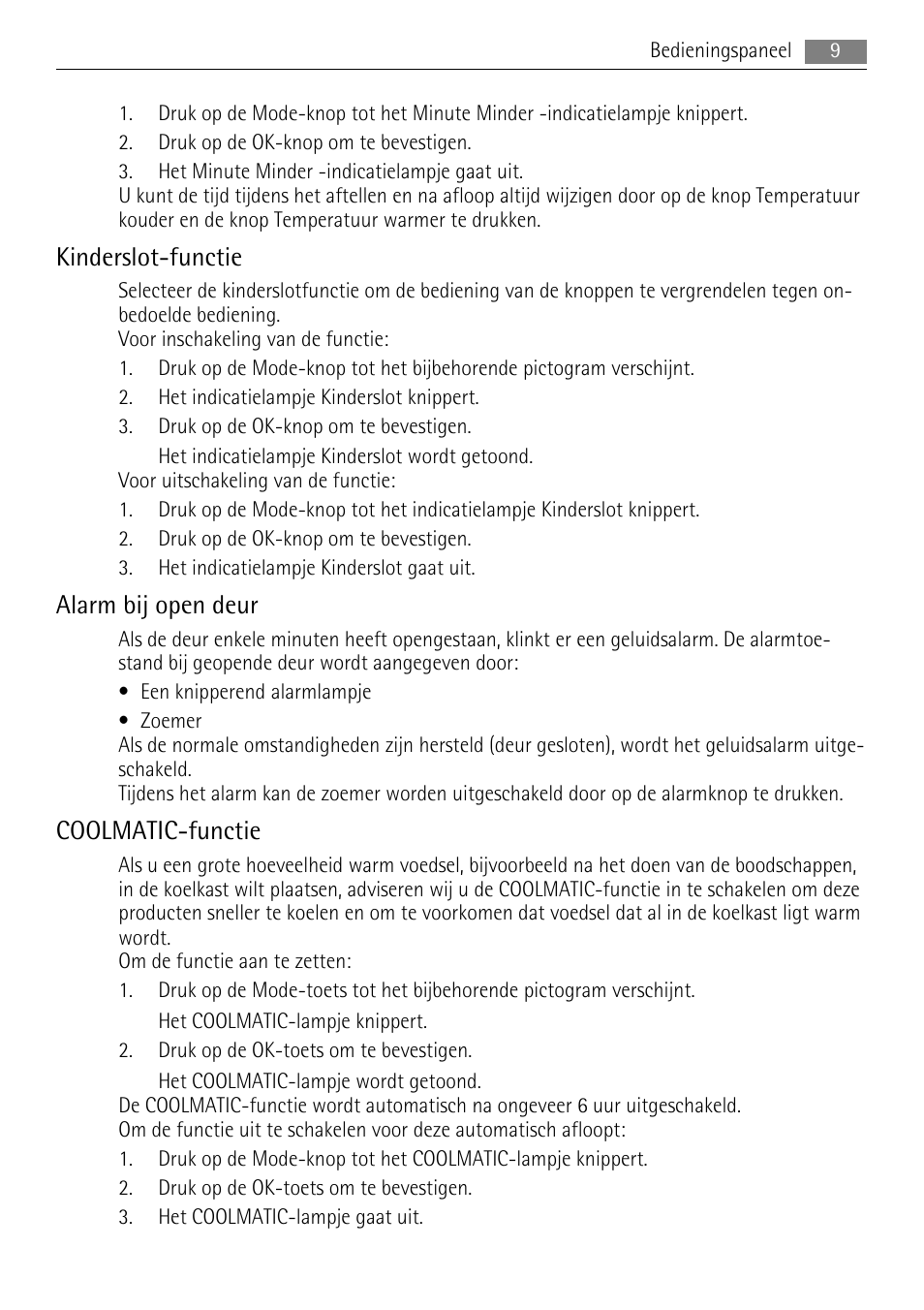 Kinderslot-functie, Alarm bij open deur, Coolmatic-functie | AEG SKZ81200F0 User Manual | Page 9 / 100