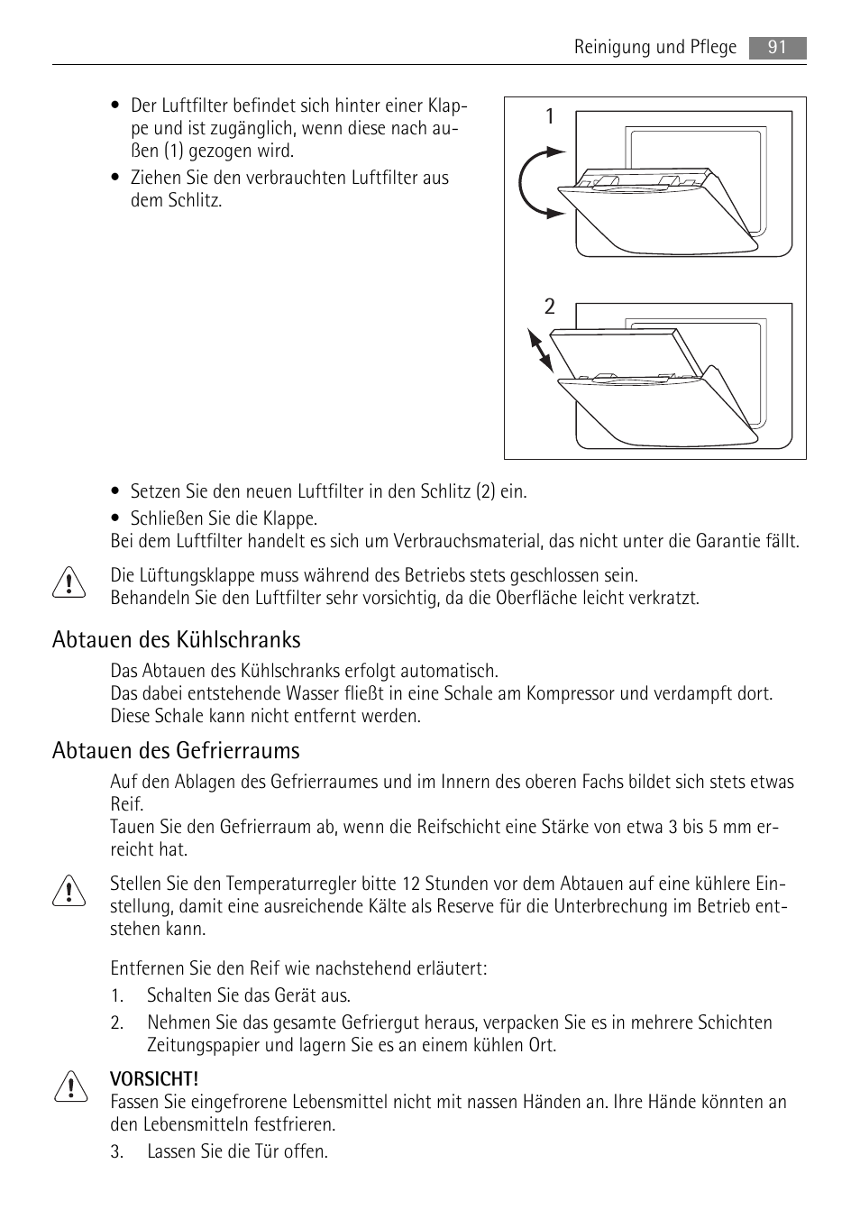 Abtauen des kühlschranks, Abtauen des gefrierraums | AEG SKZ81200F0 User Manual | Page 91 / 100