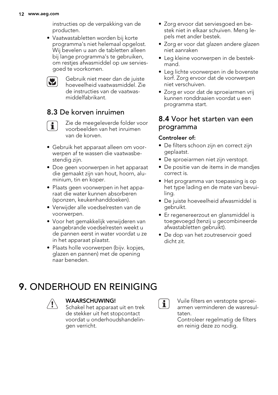 Onderhoud en reiniging, 3 de korven inruimen, 4 voor het starten van een programma | AEG F55600IM0P User Manual | Page 12 / 64