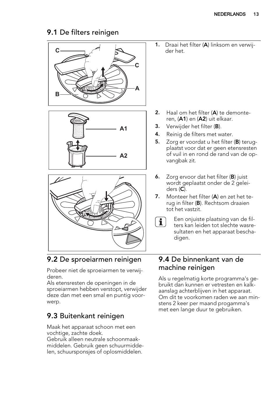 1 de filters reinigen, 2 de sproeiarmen reinigen, 3 buitenkant reinigen | 4 de binnenkant van de machine reinigen | AEG F55600IM0P User Manual | Page 13 / 64