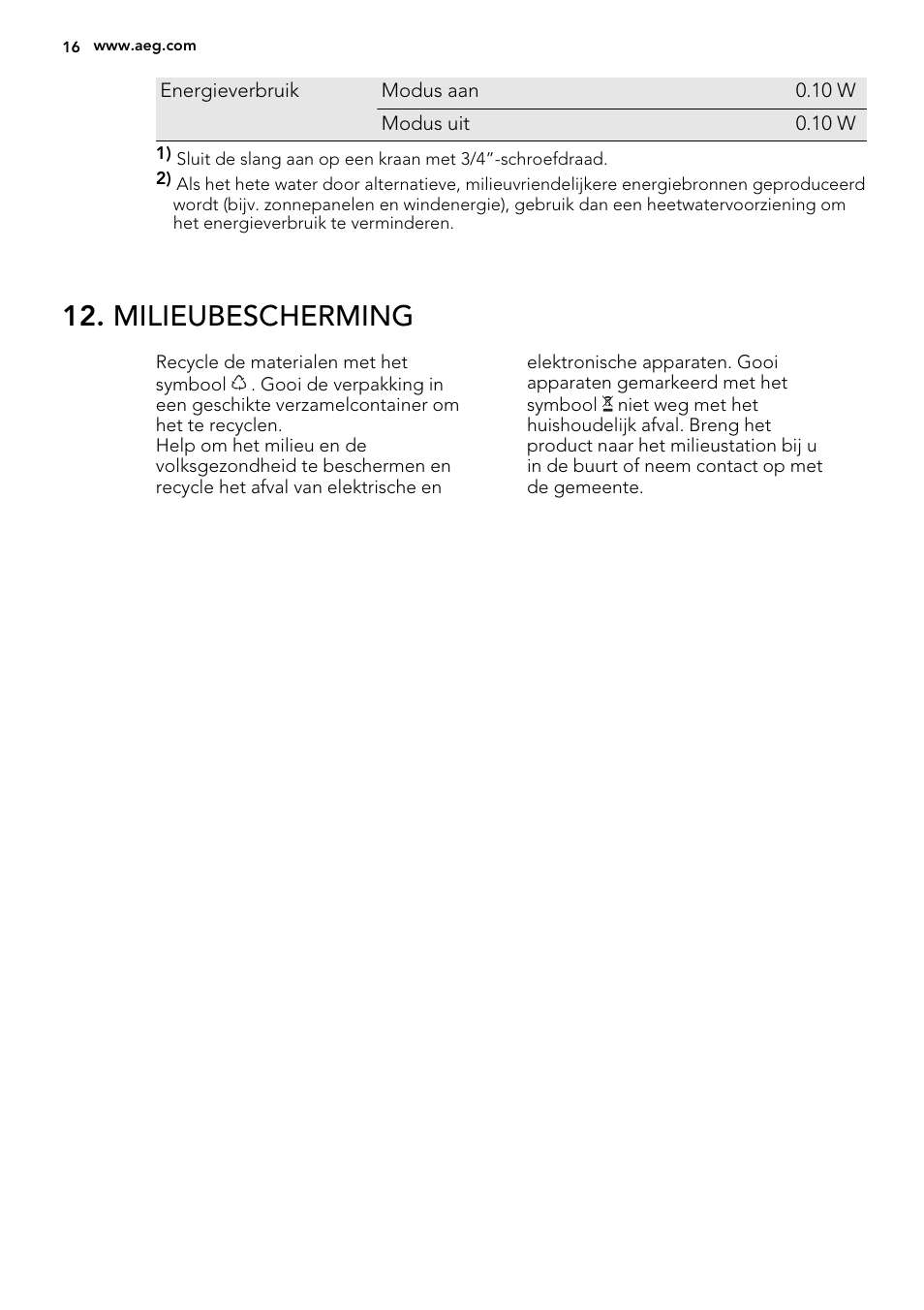 Milieubescherming | AEG F55600IM0P User Manual | Page 16 / 64