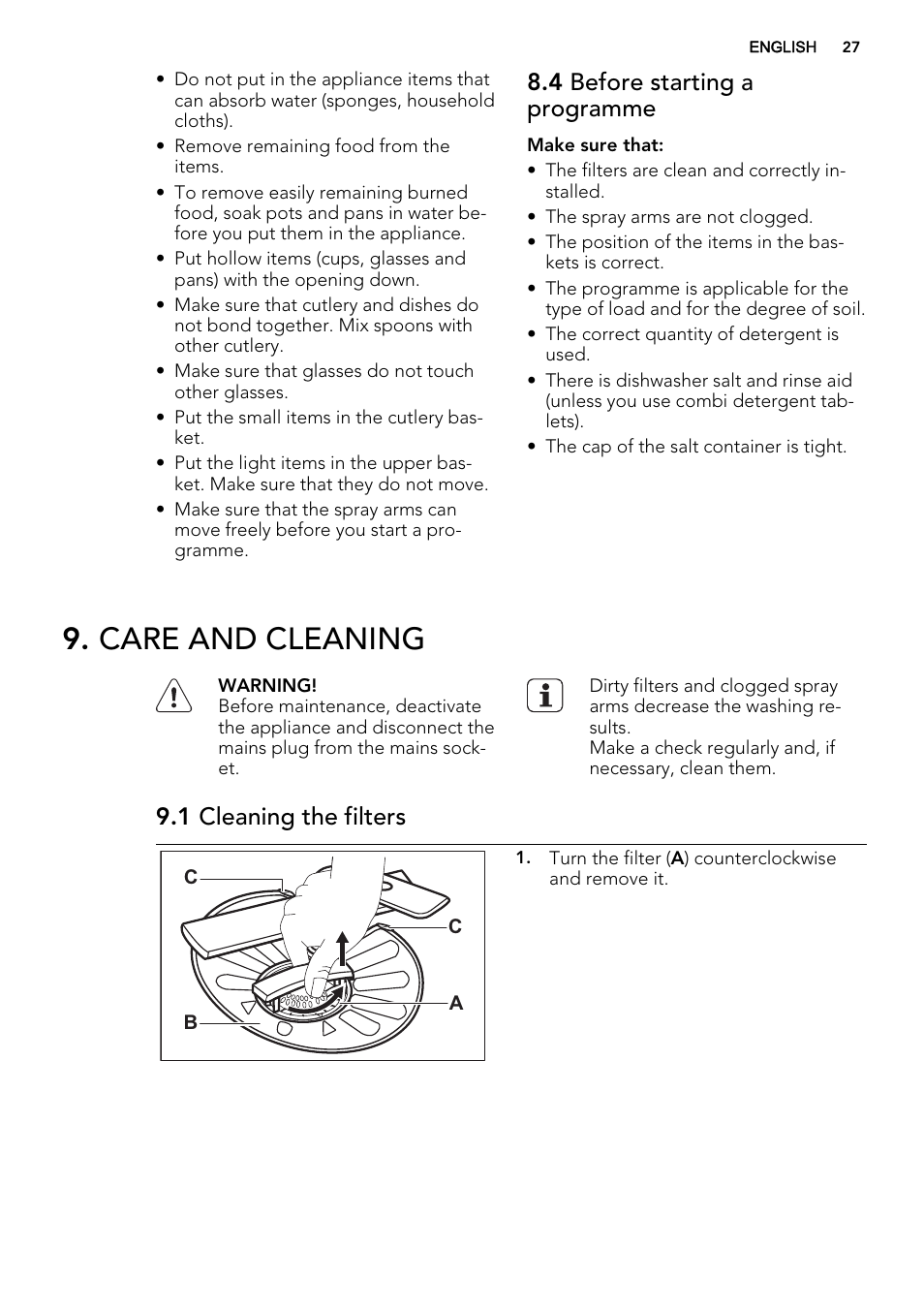 Care and cleaning, 4 before starting a programme, 1 cleaning the filters | AEG F55600IM0P User Manual | Page 27 / 64