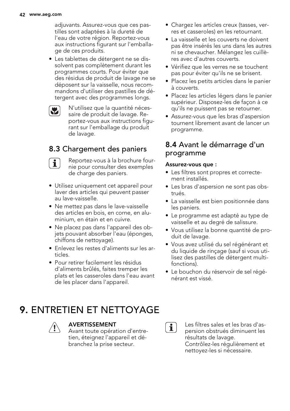 Entretien et nettoyage, 3 chargement des paniers, 4 avant le démarrage d'un programme | AEG F55600IM0P User Manual | Page 42 / 64