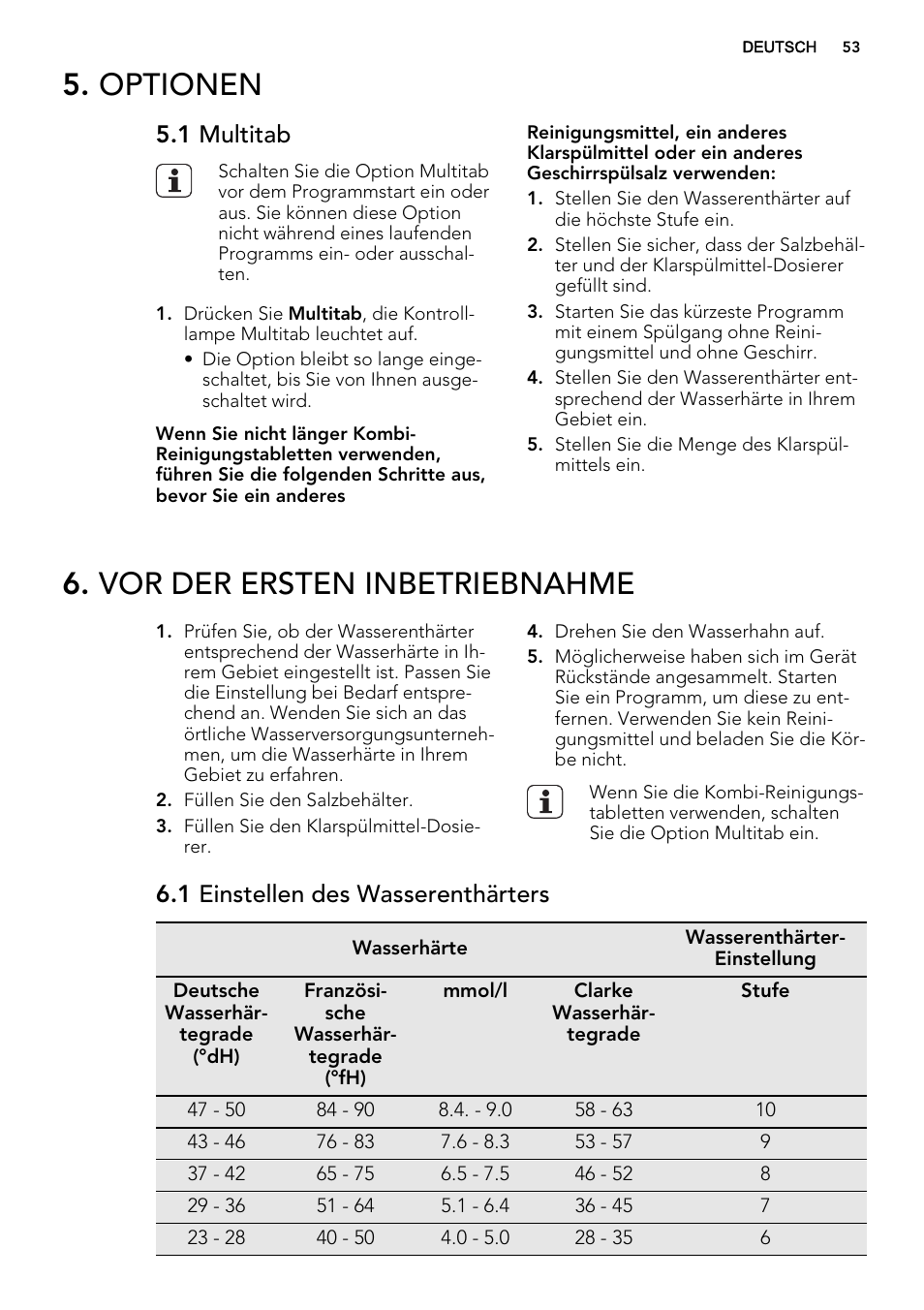 Optionen, Vor der ersten inbetriebnahme, 1 multitab | 1 einstellen des wasserenthärters | AEG F55600IM0P User Manual | Page 53 / 64