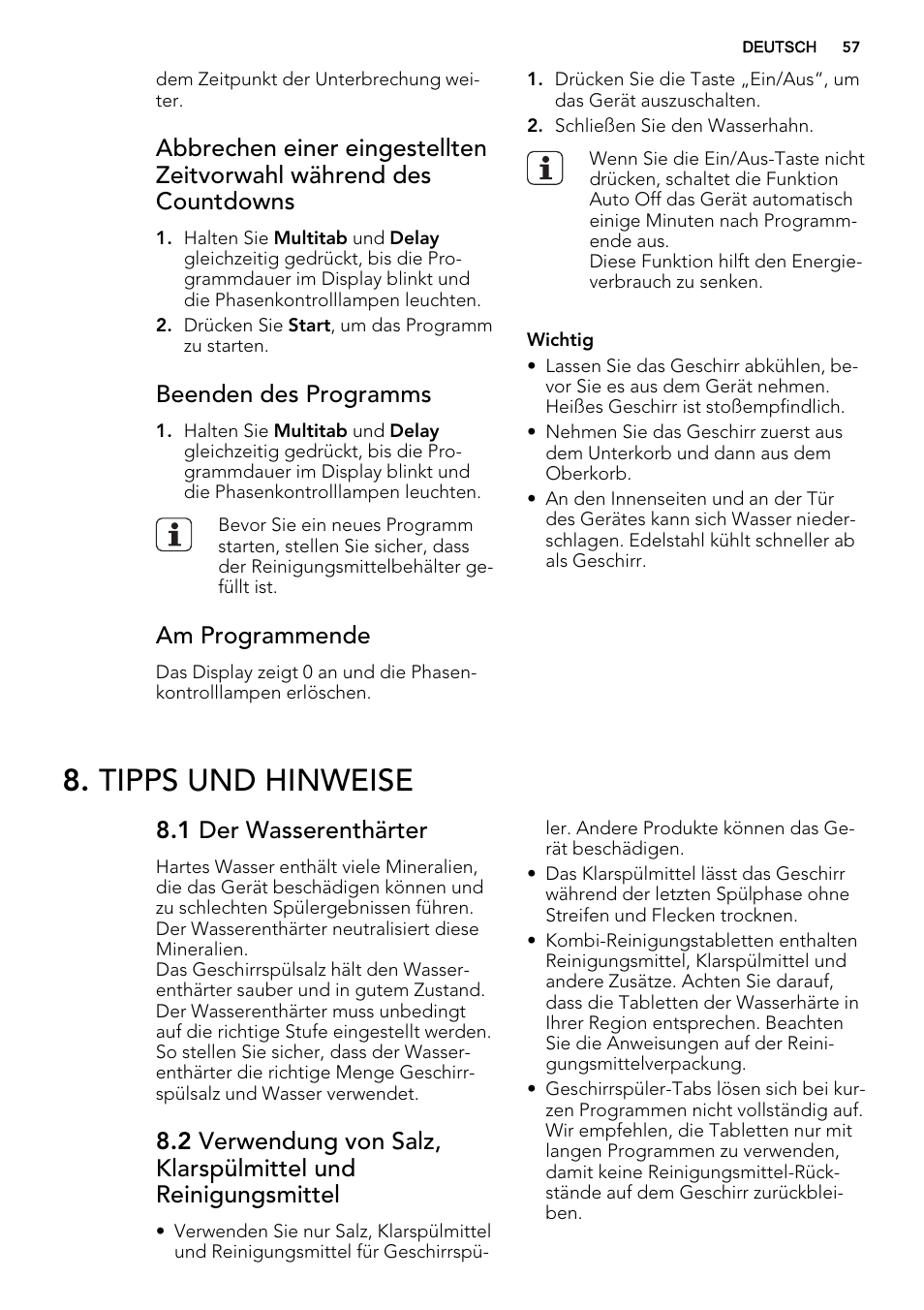 Tipps und hinweise, Beenden des programms, Am programmende | 1 der wasserenthärter | AEG F55600IM0P User Manual | Page 57 / 64