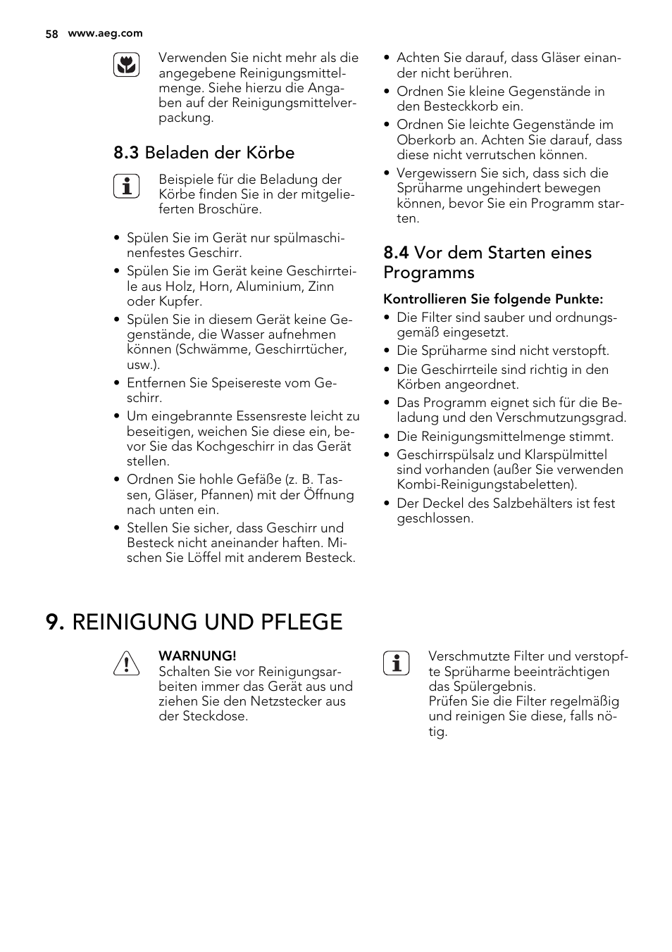 Reinigung und pflege, 3 beladen der körbe, 4 vor dem starten eines programms | AEG F55600IM0P User Manual | Page 58 / 64
