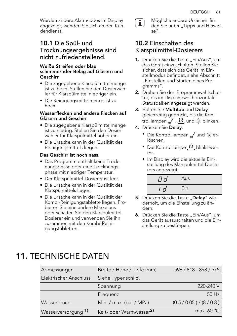 Technische daten, 2 einschalten des klarspülmittel-dosierers | AEG F55600IM0P User Manual | Page 61 / 64