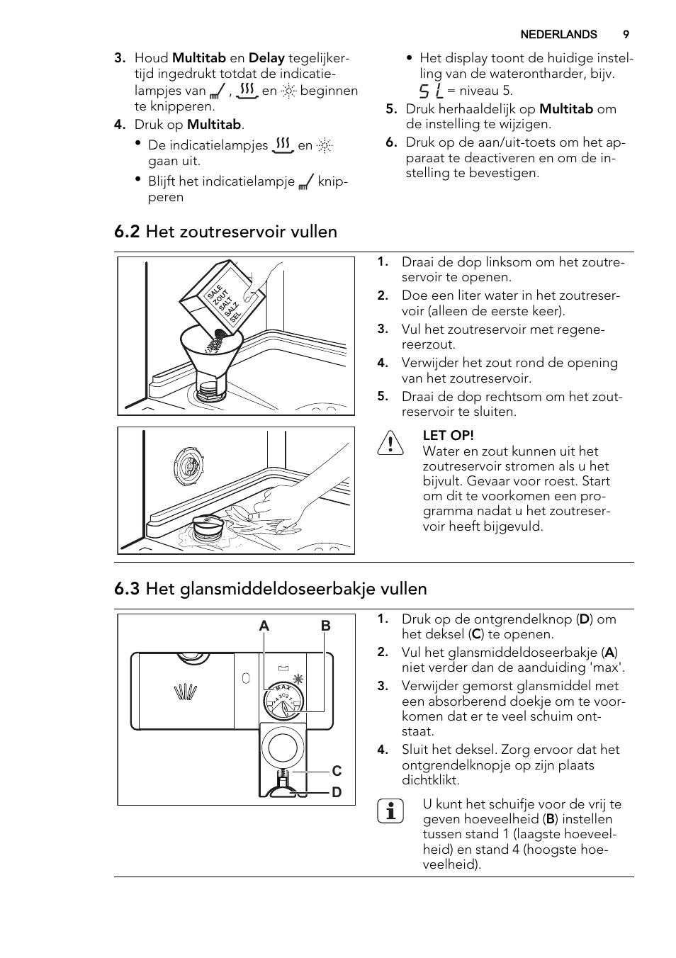 2 het zoutreservoir vullen, 3 het glansmiddeldoseerbakje vullen | AEG F55600IM0P User Manual | Page 9 / 64