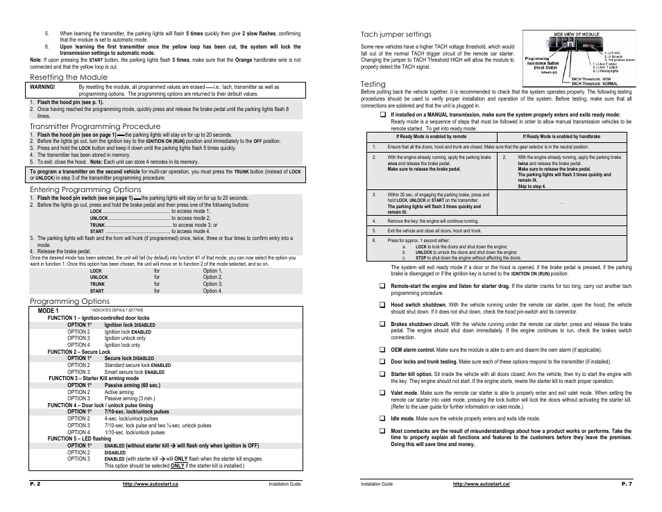 Resetting the module, Transmitter programming procedure, Entering programming options | Programming options, Tach jumper settings, Testing | Autostart AS-1755V User Manual | Page 2 / 4