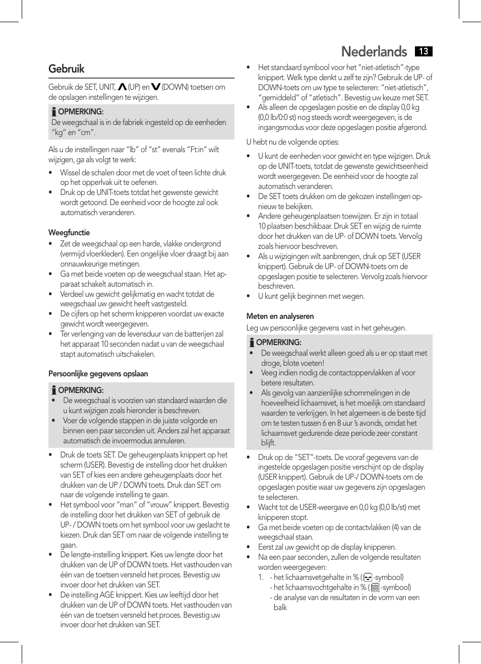 Nederlands, Gebruik | AEG PW 5570 FA User Manual | Page 13 / 62