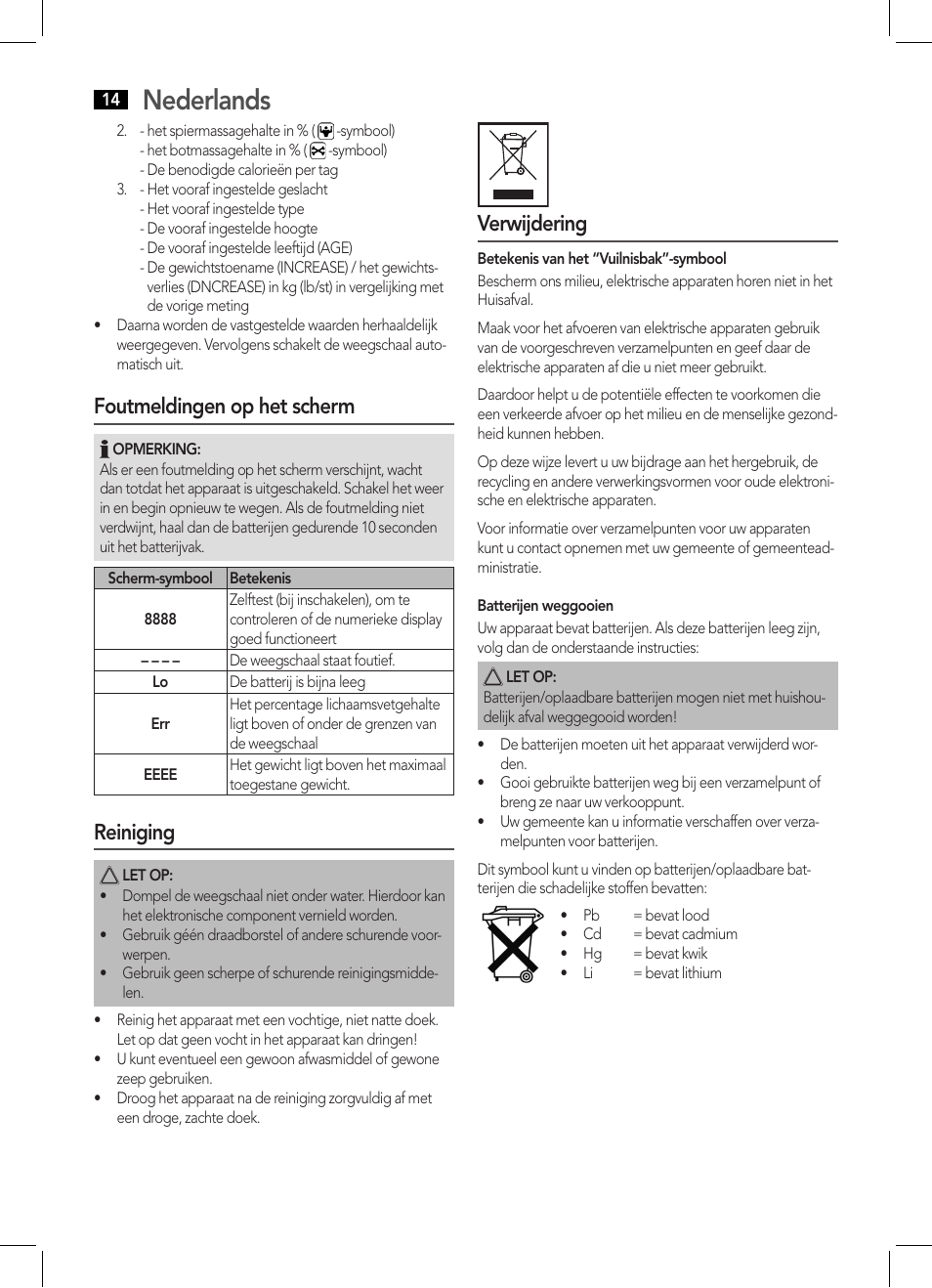 Nederlands, Foutmeldingen op het scherm, Reiniging | Verwijdering | AEG PW 5570 FA User Manual | Page 14 / 62