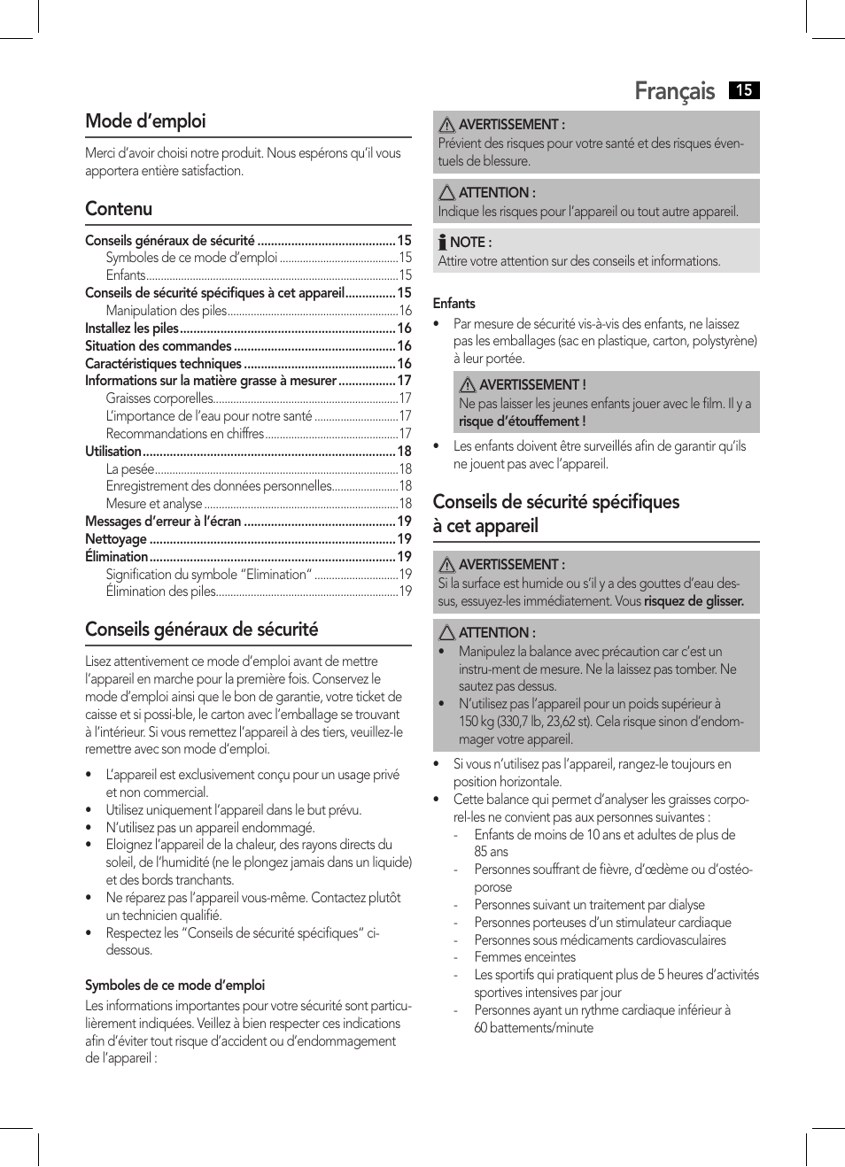 Français, Mode d’emploi, Contenu | Conseils généraux de sécurité, Conseils de sécurité spécifiques à cet appareil | AEG PW 5570 FA User Manual | Page 15 / 62