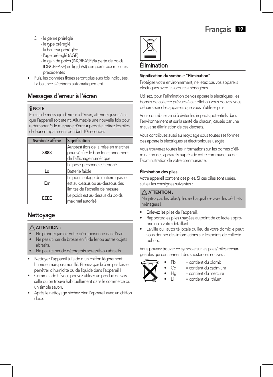 Français, Messages d’erreur à l’écran, Nettoyage | Élimination | AEG PW 5570 FA User Manual | Page 19 / 62