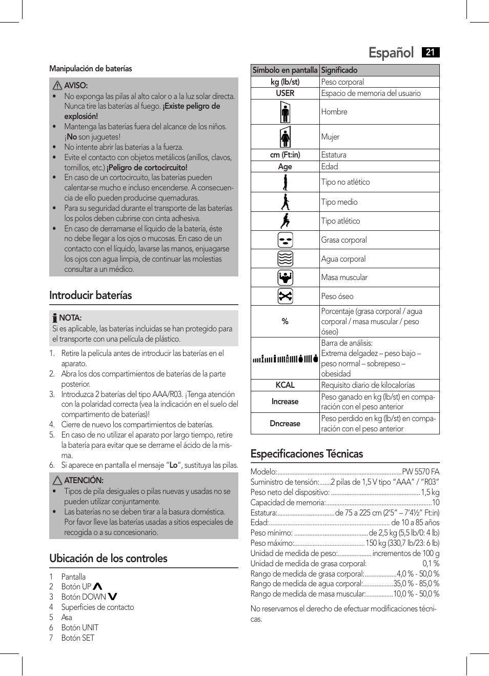 Español, Introducir baterías, Ubicación de los controles | Especificaciones técnicas | AEG PW 5570 FA User Manual | Page 21 / 62