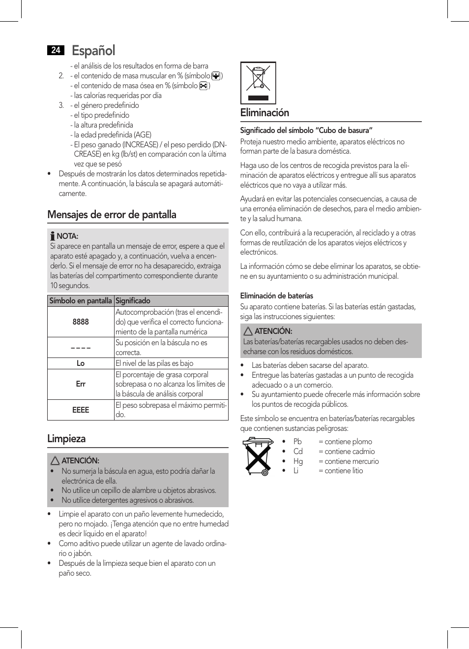 Español, Mensajes de error de pantalla, Limpieza | Eliminación | AEG PW 5570 FA User Manual | Page 24 / 62