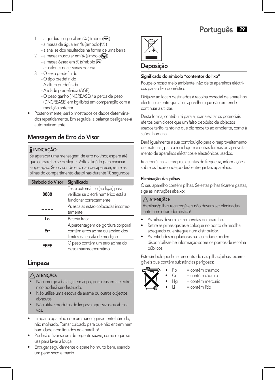 Português, Mensagem de erro do visor, Limpeza | Deposição | AEG PW 5570 FA User Manual | Page 29 / 62