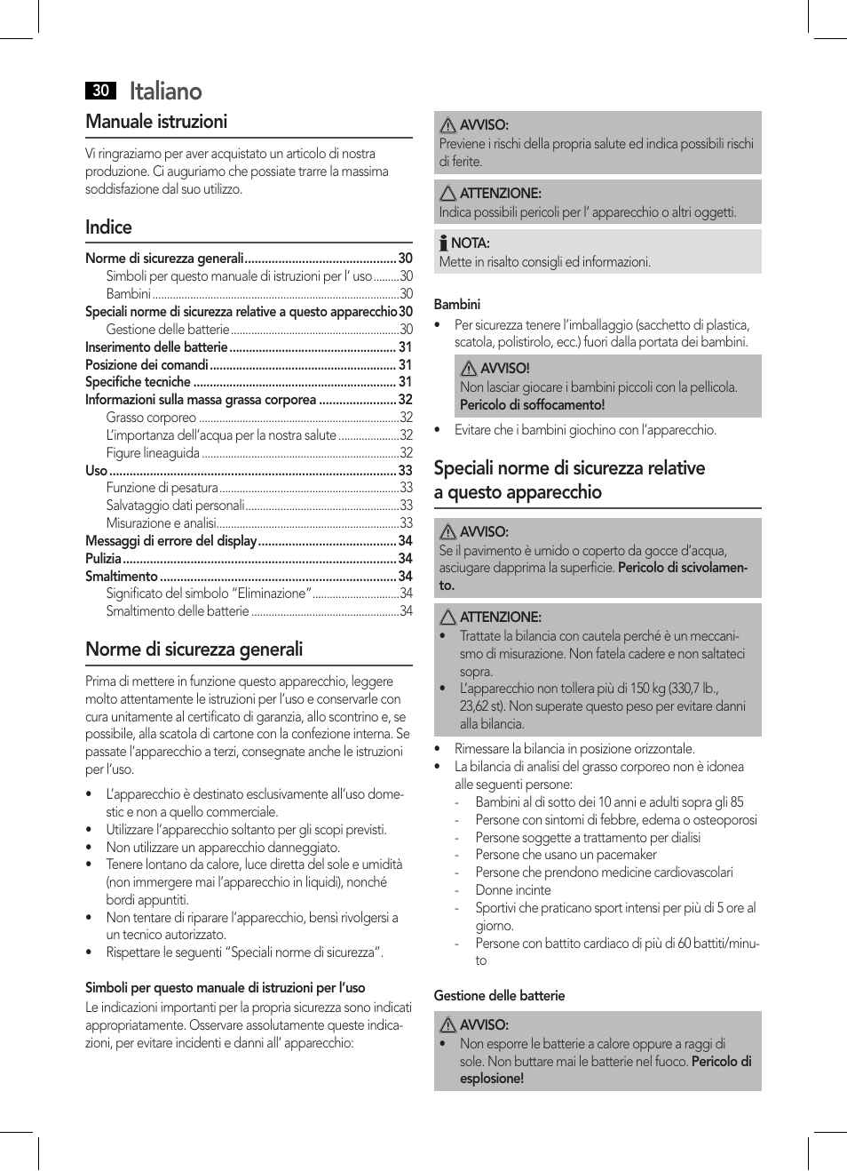 Italiano, Manuale istruzioni, Indice | Norme di sicurezza generali | AEG PW 5570 FA User Manual | Page 30 / 62