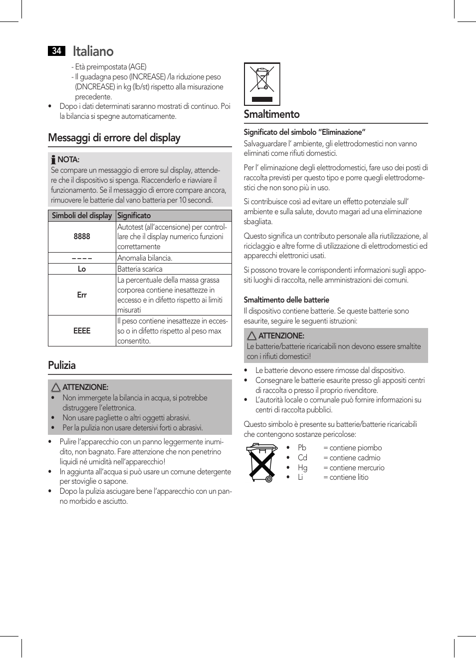 Italiano, Messaggi di errore del display, Pulizia | Smaltimento | AEG PW 5570 FA User Manual | Page 34 / 62