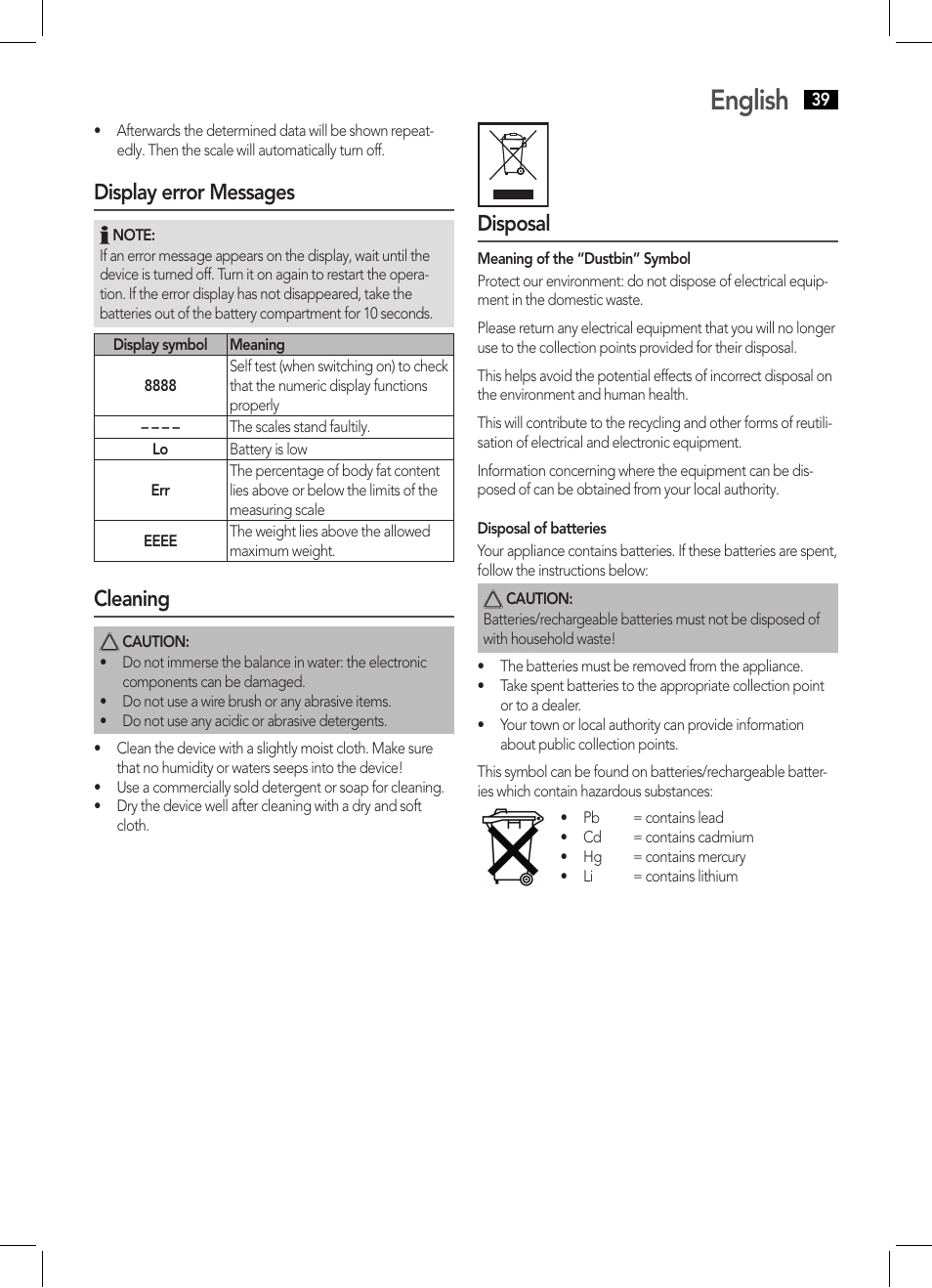 English, Display error messages, Cleaning | Disposal | AEG PW 5570 FA User Manual | Page 39 / 62