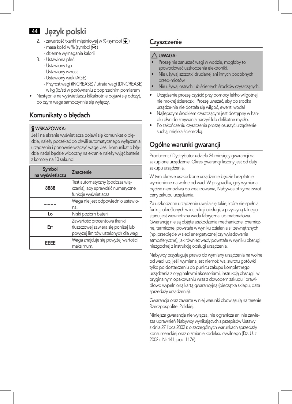 Język polski, Komunikaty o błędach, Czyszczenie | Ogólne warunki gwarancji | AEG PW 5570 FA User Manual | Page 44 / 62