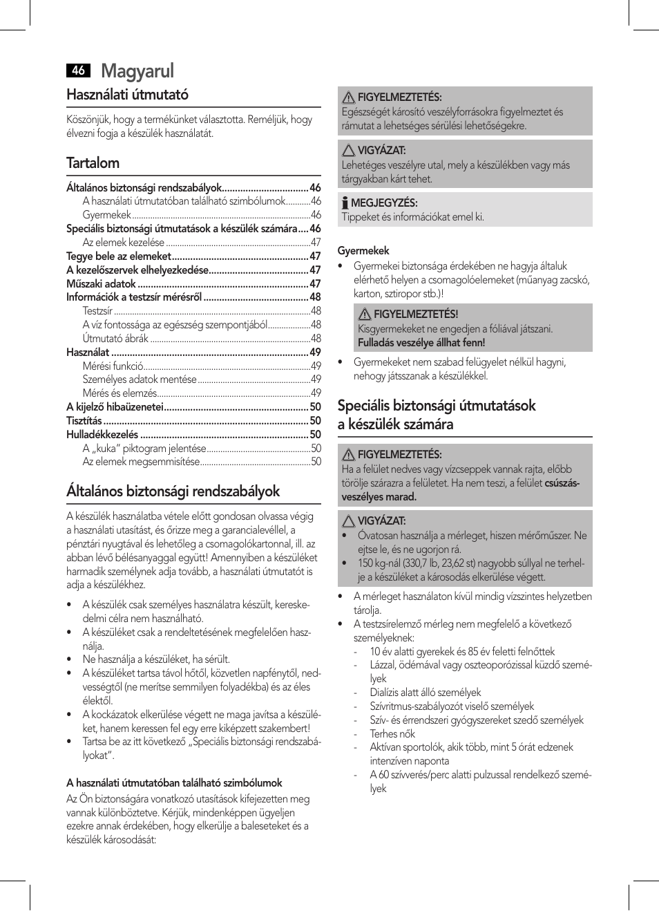 Magyarul, Használati útmutató, Tartalom | Általános biztonsági rendszabályok | AEG PW 5570 FA User Manual | Page 46 / 62