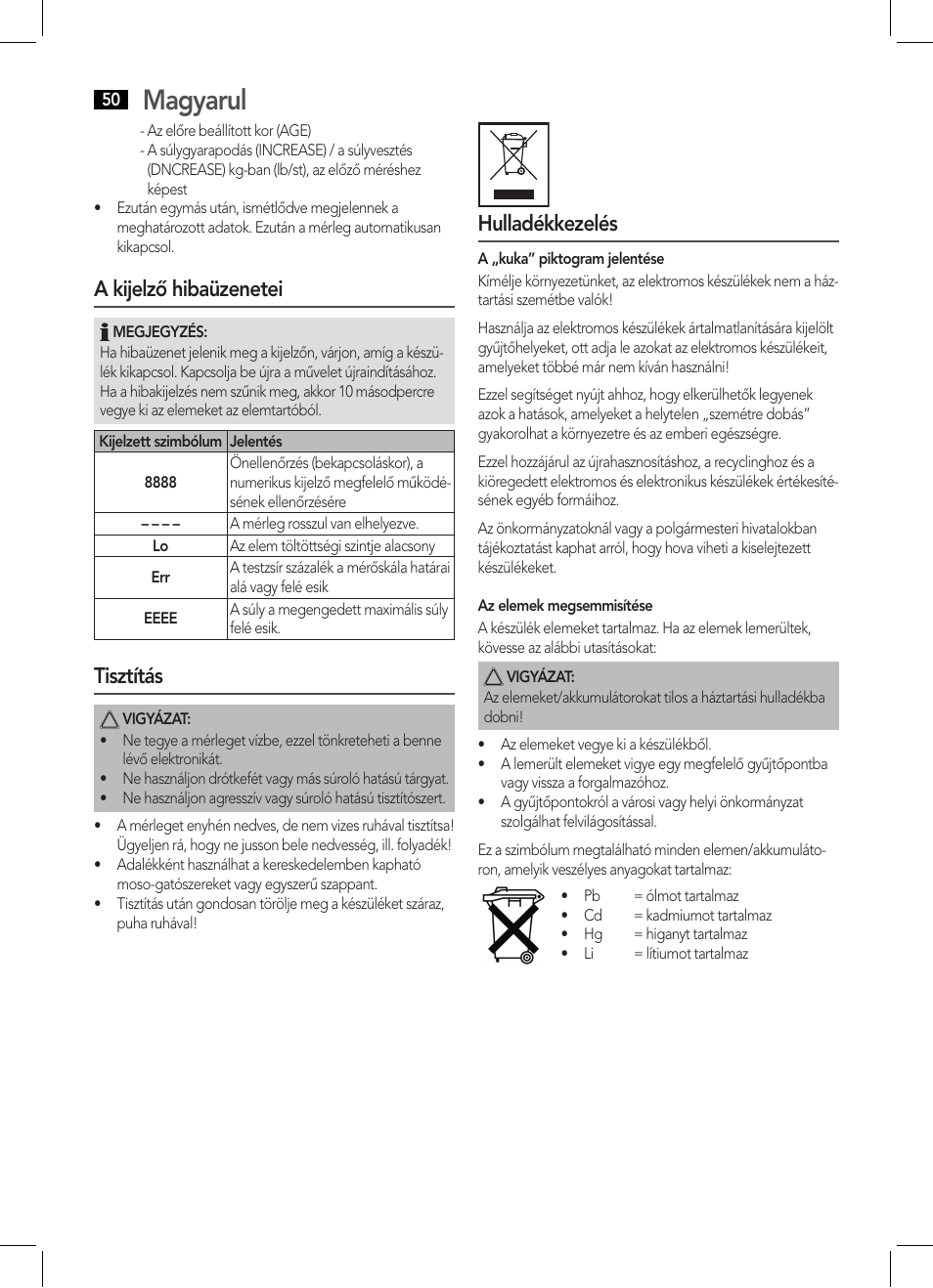 Magyarul, A kijelző hibaüzenetei, Tisztítás | Hulladékkezelés | AEG PW 5570 FA User Manual | Page 50 / 62