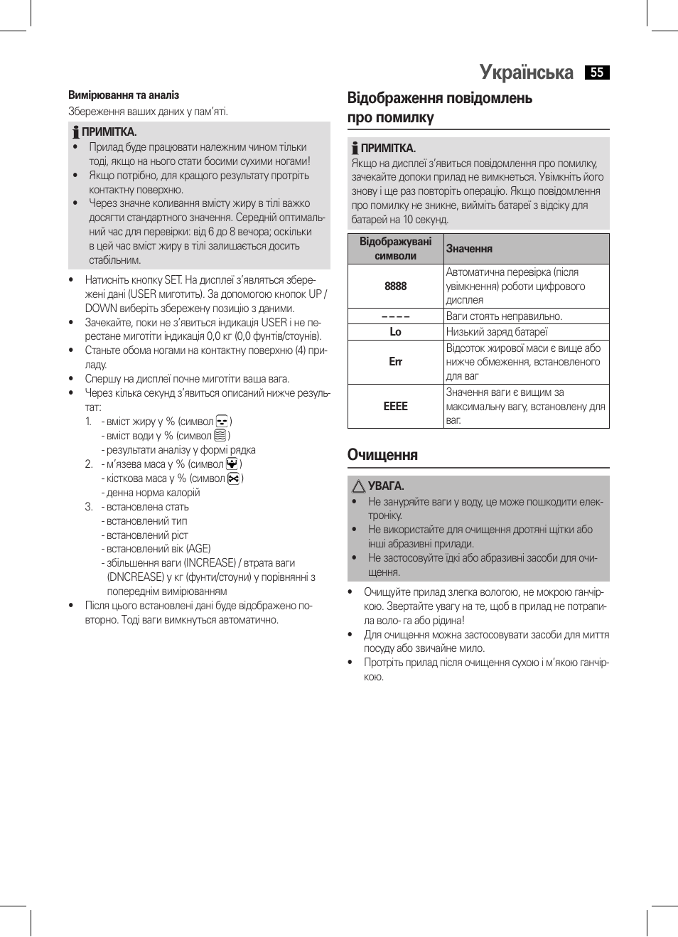 Українська, Відображення повідомлень про помилку, Очищення | AEG PW 5570 FA User Manual | Page 55 / 62