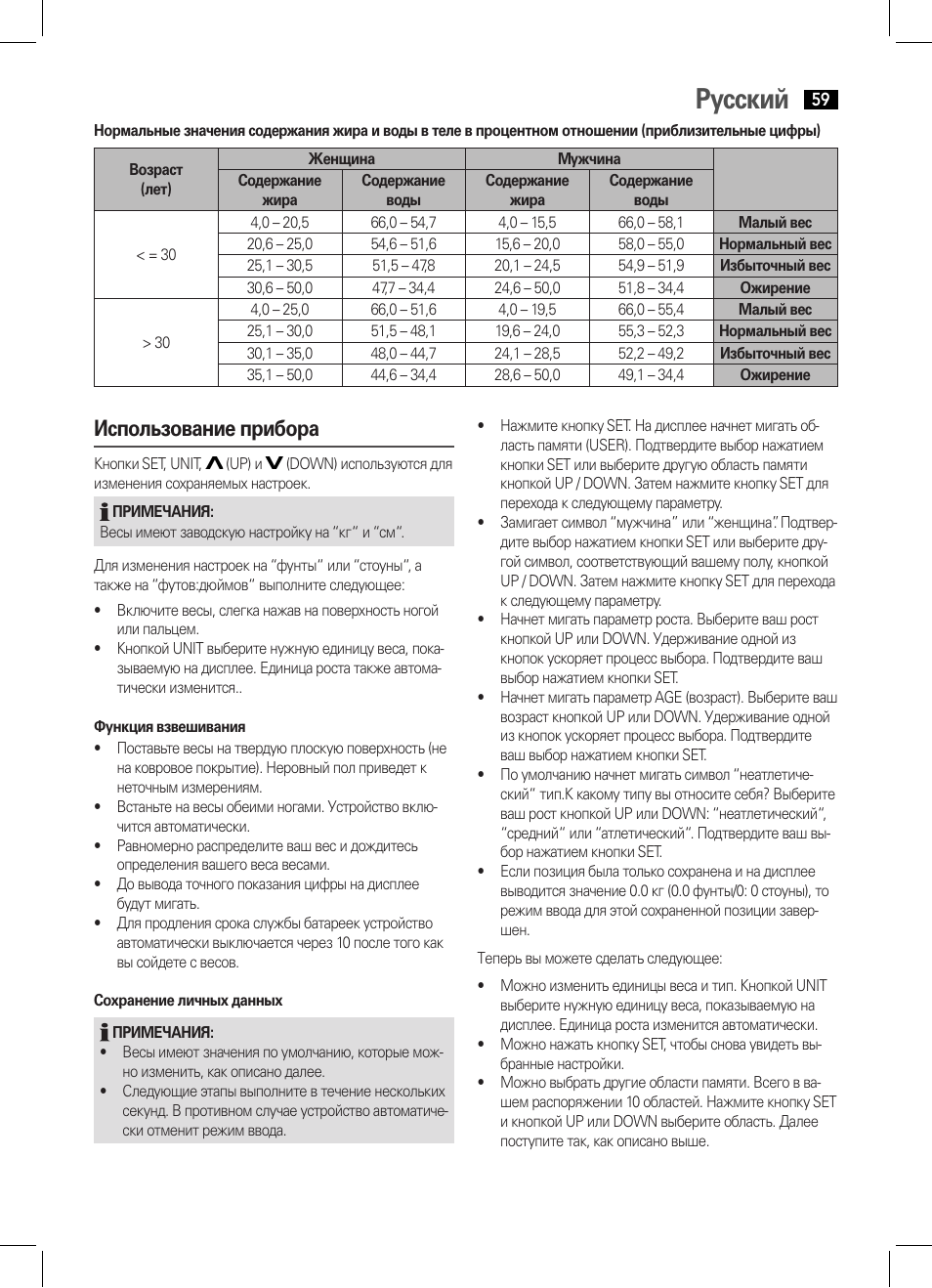 Русский, Использование прибора | AEG PW 5570 FA User Manual | Page 59 / 62