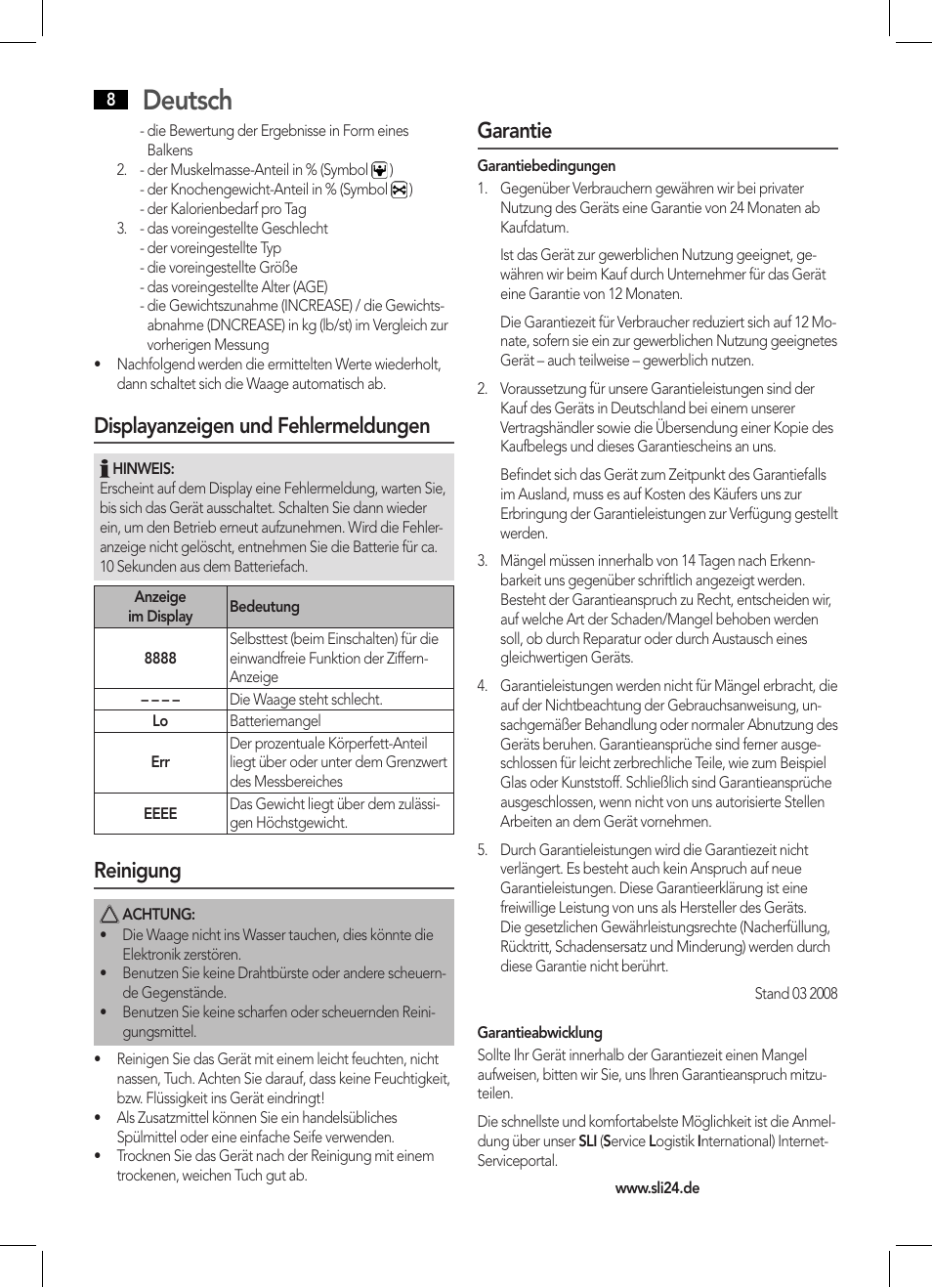 Deutsch, Displayanzeigen und fehlermeldungen, Reinigung | Garantie | AEG PW 5570 FA User Manual | Page 8 / 62