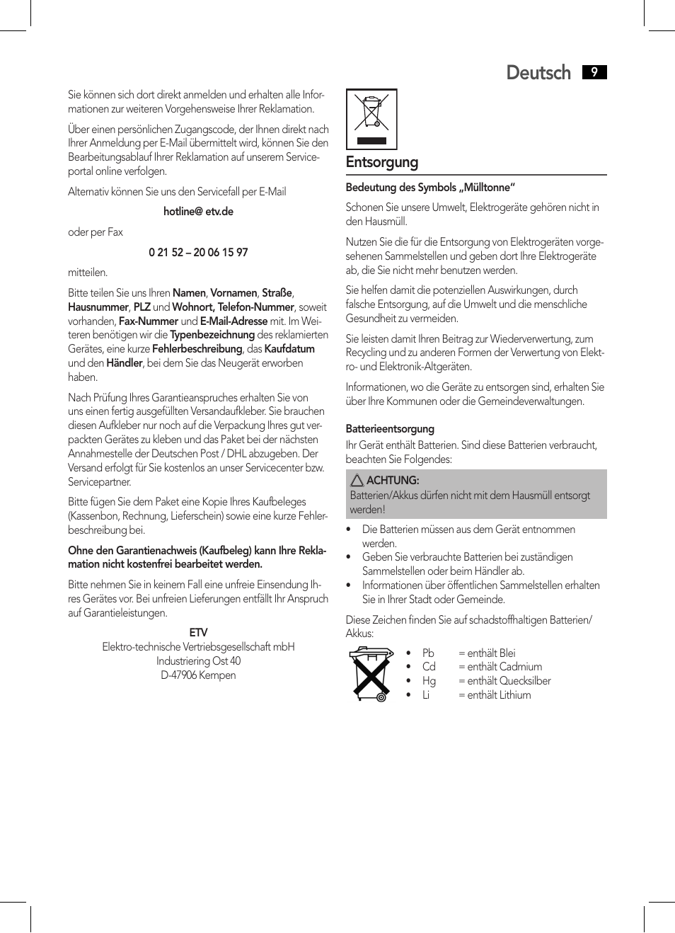 Deutsch, Entsorgung | AEG PW 5570 FA User Manual | Page 9 / 62